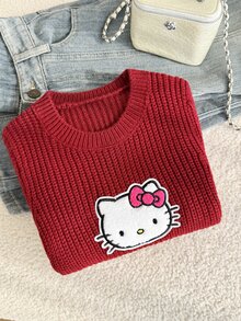 HELLO KITTY AND FRIENDS | SHEIN GraphicGems 女童圓領刺繡針織套頭毛衣，純粉色，可愛甜美休閒簡約百搭，舒適柔軟，適合日常穿著、戶外、上學、玩耍、野餐、旅行 - 紅色 - 查看 4