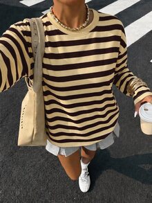 SHEIN EZwear Casual Minimalist Cream Yellow Striped Pattern Round Neck Long Sleeve Loose Fit T-Shirt Suitable For Spring And Autumn - Multicolor - View 6
