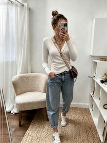 Zayélia New Casual Slimming Ruched Wrap V-Neck Versatile Women's T-Shirt - Apricot - View 1