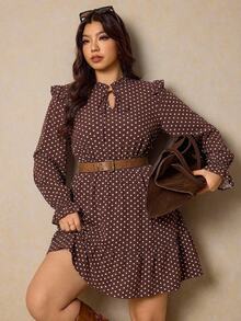 Melodosi 休閒復古波點布料大尺碼長袖洋裝，適合秋冬、派對、約會 - 棕色 - 查看 3