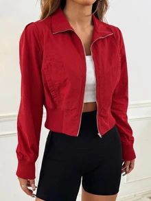 SHEIN EZwear 立領收腰純色拉鍊口袋長袖短版夾克 秋冬款 - 紅色 - 查看 5