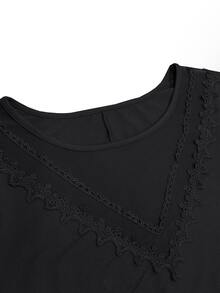 EMERY ROSE Plus Size Women's T-Shirt, Elegant Sexy Casual Minimalist Commuter Versatile Round Neck Lace Mesh Patchwork Design Long Sleeve, Suitable For Spring And Autumn - Black - View 5