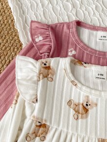SHEIN Vintaside Kids 4件/2套女嬰可愛卡通泰迪熊與櫻桃印花羅紋針織兩件套，荷葉邊長袖上衣+長褲，適合日常穿著，秋冬款 - 彩色 - 查看 4