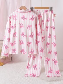 Teen Girl Bow Print Long Sleeve Top And Pants Lounge Set - Pink - View 4
