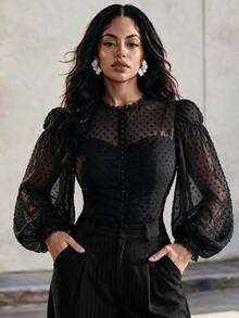 Eryvara Women's Fashion Round Neck Beaded Lace Placket Lantern Sleeve Casual Top, Suitable For Daily Commute And Date Outfits - Black - View 6
