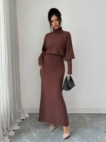 Elenzga Autumn/Winter Ribbed Sweater And Long Skirt 2 Pieces Set - Coffee Brown - View 6