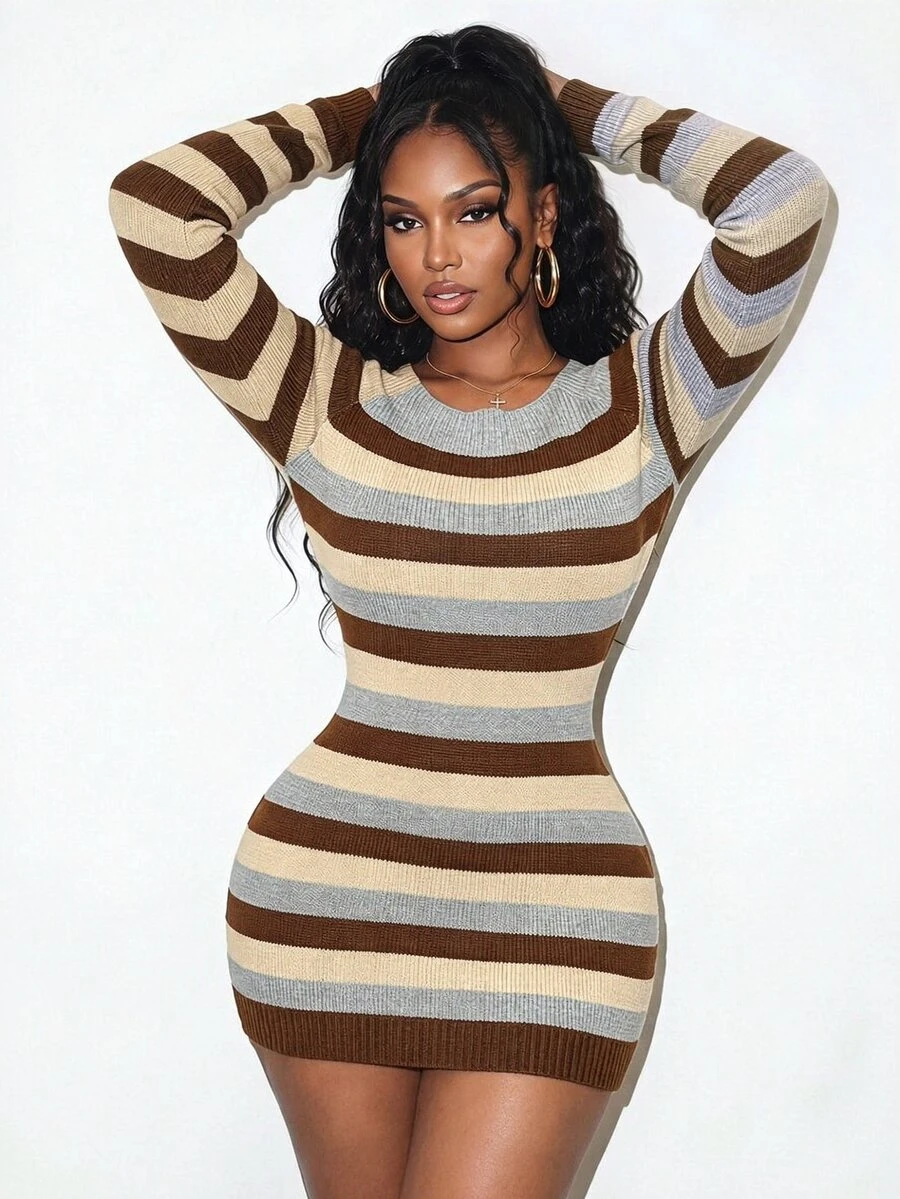 BamGleam Blue And Yellow Striped Ribbed Knit Dress Boat Neck Long ...