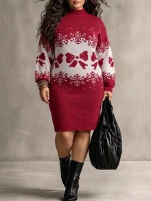 Cravure Autumn/Winter Plus Size Red Christmas Sweater Dress With Small Stand Collar, Bowknot And Snowflake Knit Skirt - Red - View 3