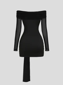 Sweetra Women's Long Sleeve Off-Shoulder Mesh Patchwork Knit Elastic, Slim Fit Waist With Metal Buckle, Suitable For Evening Party And Date - Black - View 2