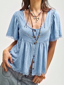 Bohemela 休閒純色針織對比蕾絲飾邊女款T恤 - 藍色 - 查看 7