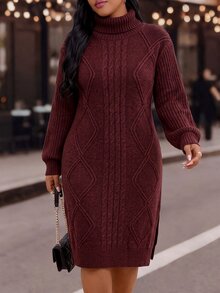 EMERY ROSE فستان كنزة شتوي للنساء بمقاسات كبيرة بياقة عالية وتصميم كابل ملتوي وحافة مشقوقة بطراز عتيق - عنابي اللون - مشاهدة 1