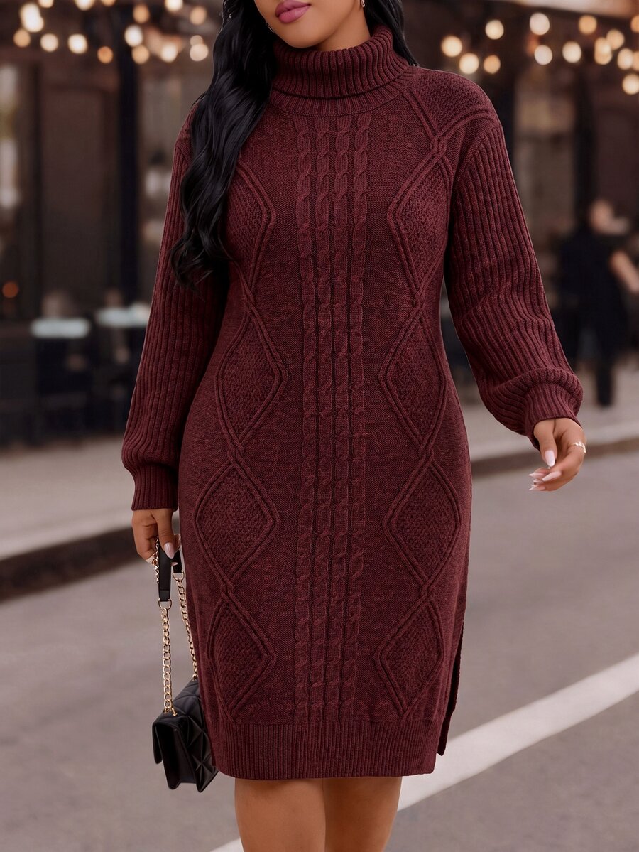 EMERY ROSE فستان كنزة شتوي للنساء بمقاسات كبيرة بياقة عالية وتصميم كابل ملتوي وحافة مشقوقة بطراز عتيق - عنابي اللون - مشاهدة 1