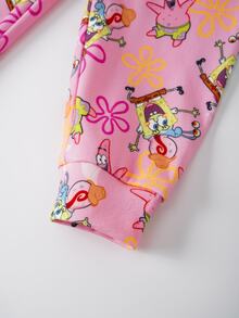 SpongeBob SquarePants | SHEIN Baby Girl Cartoon Print Short Sleeve Top And Long Pants Casual Daily Home Sleepwear Set - White - View 7
