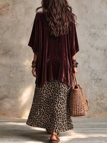 Omancia Women's New Autumn/Winter Velvet Leopard Print 2 Pieces Set - Coffee Brown - View 2