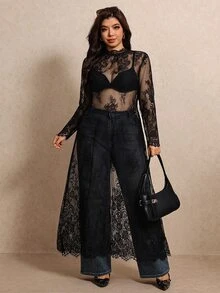 Elaquor Đầm thời trang nữ size lớn cổ đứng tay dài ren xuyên thấu - màu đen - Xem 1