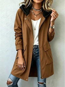 Linhara Plus Size Women's Spring/Autumn Solid Color Contrast Hooded Open Front Zipper Dual Pocket Loose Mid-Length Casual Commute Daily Long Sleeve Windbreaker Jacket - Khaki - View 4