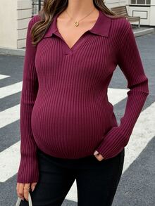 DAZY Solid Color Fitted Elastic Ribbed Long Sleeve Casual Daily Korean Style Spring Autumn Knit Sweater For Pregnant Women - Burgundy - View 5