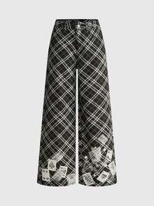 ROMWE Grunge Punk Plaid Poker Card Print Punk Wide Leg Women's Jeans - Black - View 1