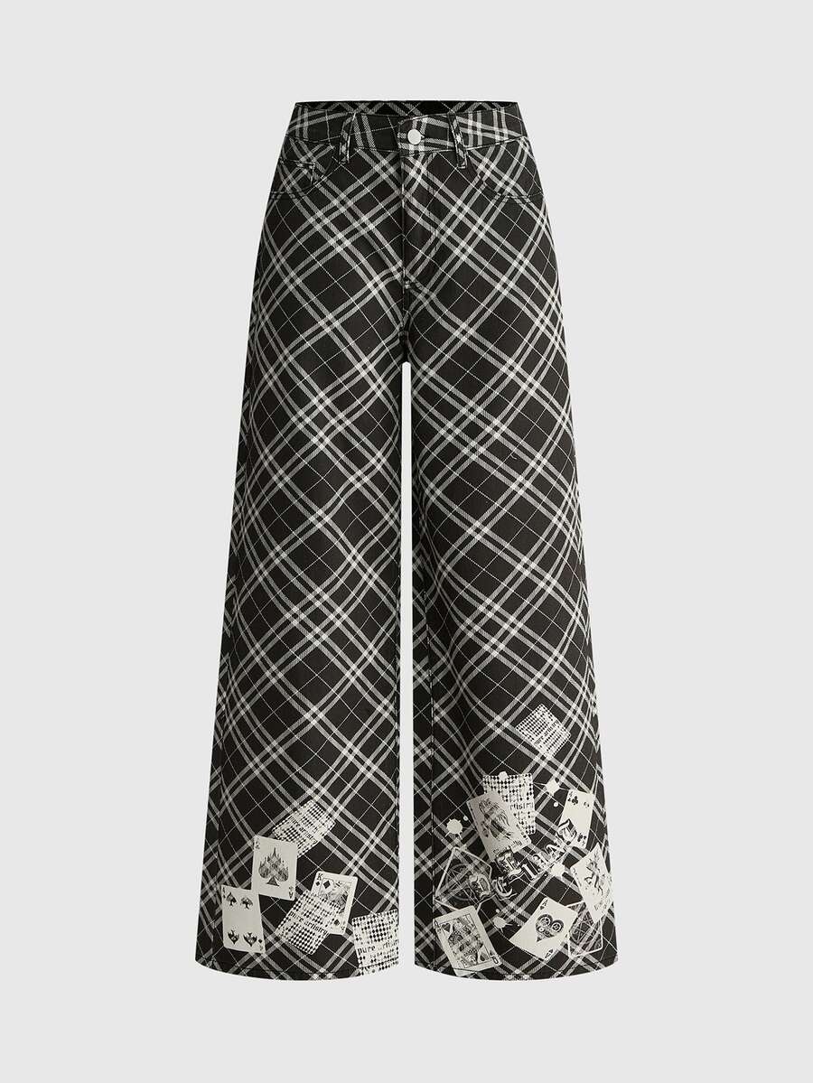 ROMWE Grunge Punk Plaid Poker Card Print Punk Wide Leg Women's Jeans - Black - View 1