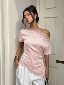Aloruh 女款通勤外出單肩抓皺蕾絲拼接上衣，夏季棕色優雅性感上衣 - 粉色 - 查看 3