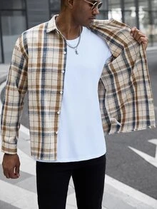 Manfinity CasualCool قميص جاكيت رجالي كاجوال بأزرار أمامية وجيب وأكمام طويلة بنقشة مربعات - متعدد الألوان - مشاهدة 7