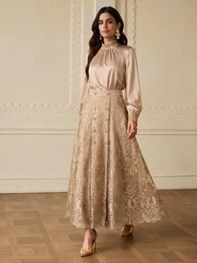 ZEYLAH Women's Solid Color Pleated Long Sleeve Top And Floral Embroidered Pattern Skirt Fashion 2 Pieces Set - Champagne - View 6