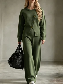 Elenzga Women's Solid Color Long Sleeve Top And Pants Knit 2 Pieces Set - Army Green - View 5