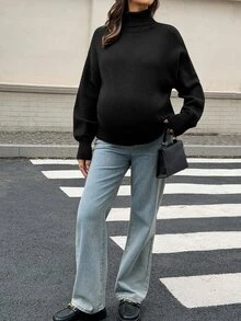 Dazy Maternity Solid Color Loose High Neck Casual Daily Korean Style Autumn/Winter Knit Sweater For Pregnant Women - Black - View 6