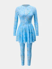 Swim Shayni Zipper Elegant Casual Conservative Women's Burkini Swimsuit Set, Suitable For Beach And Seaside Vacation - Baby Blue - View 6