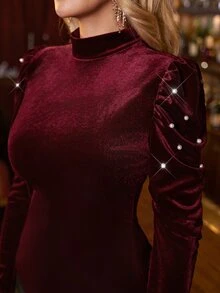 SHEIN Clasi 女款純色小高領仿珍珠裝飾長袖修身優雅T恤 - 酒紅色 - 查看 6