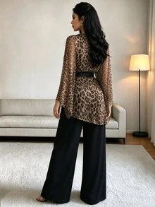 Rafferiza Fall Winter Leopard Print Draped Neck Sheer Chiffon Two‑Piece Set Elegant Wide Leg Pants Outfit Par - Multicolor - View 3