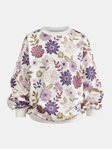 SHEIN Tween女孩花卉印花秋冬休閒百搭衛衣與內搭褲套裝 - 紫色 - 查看 7