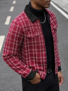 Manfinity CasualCool 男士休閒格紋拉鍊夾克，適合日常外出與朋友聚會，送給男友或丈夫的理想禮物，秋季風格，聖誕老錢風 - 彩色 - 查看 6
