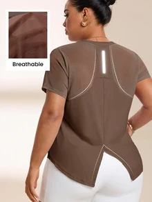 SHEIN Rhythm Era Kaos Olahraga Fashion Wanita Ukuran Besar dengan Leher Bulat dan Lengan Pendek Model Raglan - Coffee Brown - View 1