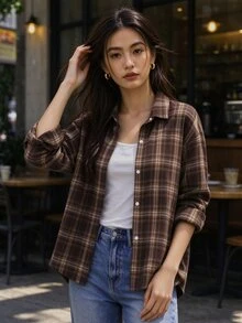 SHEIN 青少年女孩休閒時尚經典格紋布料襯衫，寬鬆版型，舒適，適合春秋日常通勤、外出、聚會、拍照、購物 - 棕色 - 查看 8