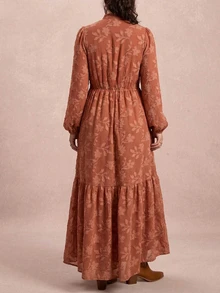 Freevana Plus Size Women's Autumn/Winter Vintage Floral Print Ruffle Hem Elegant Dress - Orange - View 2