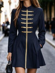 Balvessa Women's Woven Strap Design Long Sleeve Pocket Casual Napoleon Dress - Navy Blue - View 4
