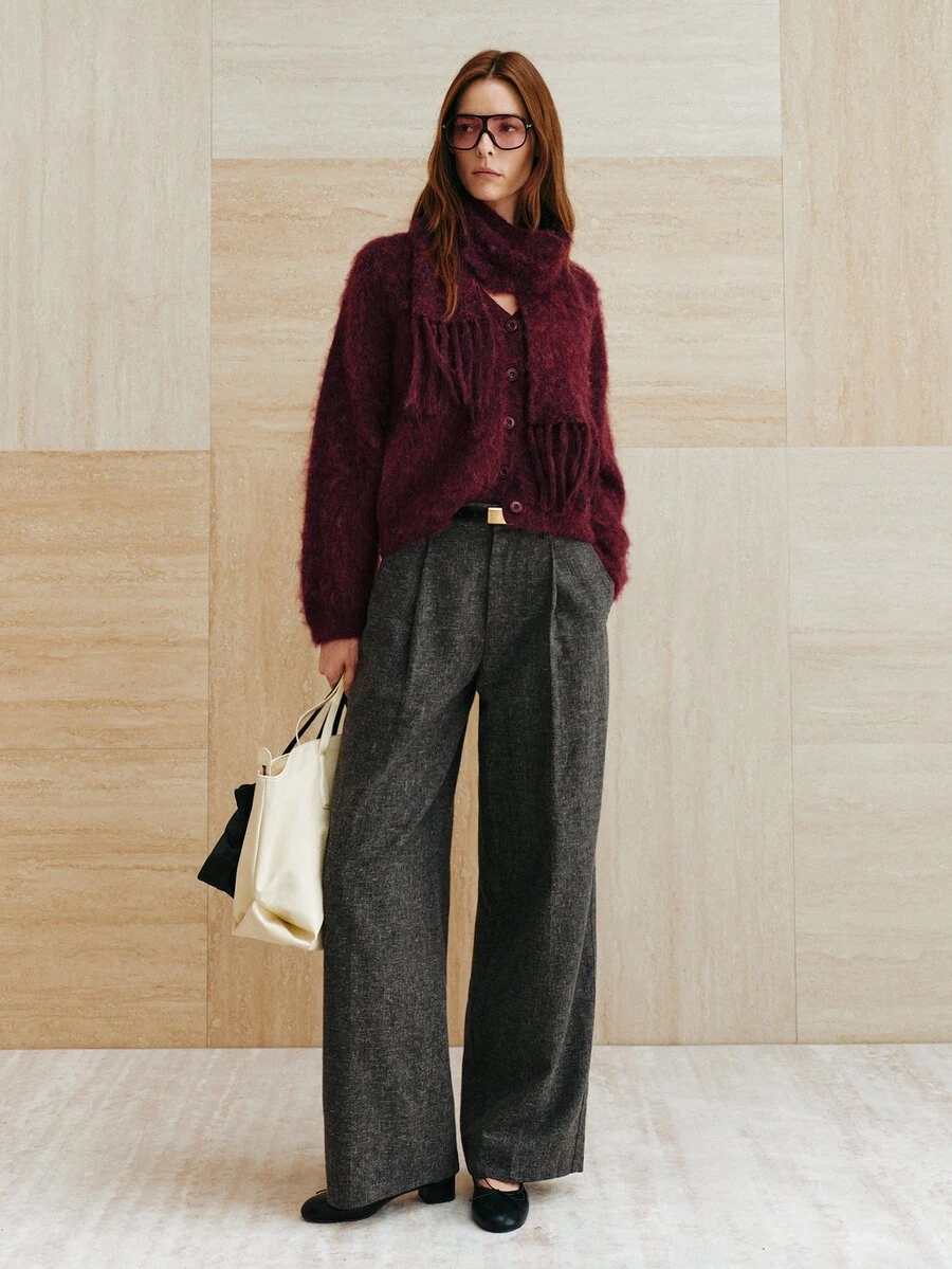 MOTF PREMIUM WOMEN'S SOLID COLOR LONG SLEEVE TOP AND SCARF CASUAL KNIT SET - Burgundy - View 1