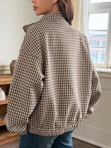 Dazy Maternity Vintage Houndstooth Loose Long Sleeve Zip-Up Casual Streetwear Everyday Spring/Autumn Maternity Regular Jacket - Khaki - View 2
