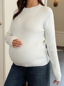 DAZY Solid Color Fitted Elastic Long Sleeve Casual Daily Base Layer Knit Sweater For Spring And Autumn Maternity - White - View 1