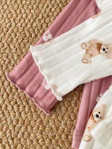 SHEIN Vintaside Kids 4件/2套女嬰可愛卡通泰迪熊與櫻桃印花羅紋針織兩件套，荷葉邊長袖上衣+長褲，適合日常穿著，秋冬款 - 彩色 - 查看 5