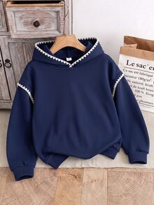 SHEIN Sparklyn Tween Girl Casual Street Style Grey Shell Pattern Sweatshirt, Suitable For Streetwear, Sweatshirt - Navy Blue - View 1
