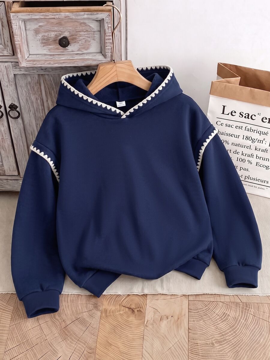 SHEIN Sparklyn Tween Girl Casual Street Style Grey Shell Pattern Sweatshirt, Suitable For Streetwear, Sweatshirt - Navy Blue - View 1