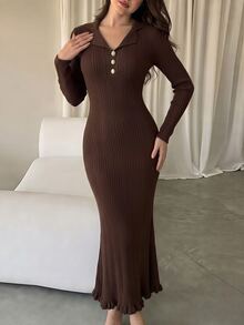 Modelyn Women's Solid Color Casual Daily Knit Dress - Coffee Brown - View 7