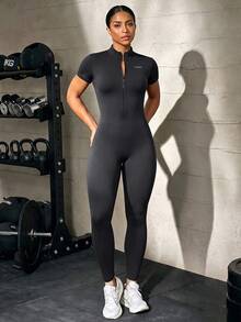 Solea Cove Solea Cove Women's Letter Print Short Sleeve Zipper Front Sports Jumpsuit - Black - View 3
