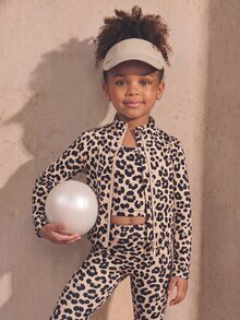 SHEIN Young Girls' Fashion Casual Leopard Print 3 Pieces Set, Fashionable Comfortable High Elasticity, Suitable For Sports, Exercise, Outdoor Activities, Shopping And More - Coffee Brown - View 7