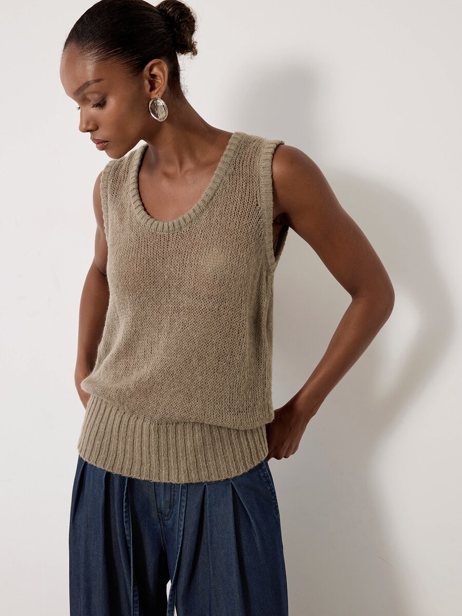 MERLEAU Women's Modern Solid Color Round Neck Casual Versatile Knit Vest - Light Grey - View 1