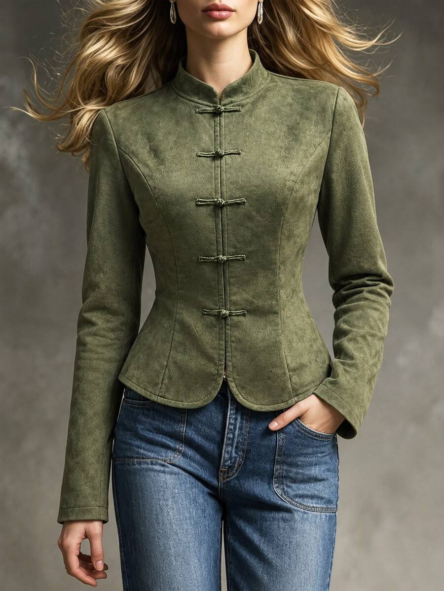 LUMIGAL Women's Solid Color Frog Button Placket Chinese Style Elegant Jacket - Green - View 1
