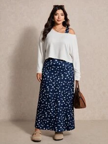 Elaquor Plus Size Solid Color Top & Ditsy Floral Dress 2 Pieces Set Elegant 2 Pieces Set For Women Fall/Winter Casual Daily Going Out 2 Pieces Set For Women - Navy Blue - View 3