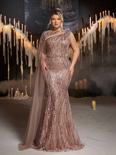 Glamrae Plus Size Elegant Romantic Luxury Beaded Asymmetric Neckline Champagne Color Flutter Sleeve Bodycon Mermaid Hem Evening Dress Suitable For Wedding Party Celebration Formal Event Gala (Intricate Design)